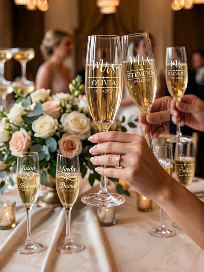 2 piezas/set Copas de champán personalizadas para boda con pegatinas de transferencia de cristal, con nombre y fecha personalizados, y resistentes al desgaste, fáciles de pegar. Decoración para copas de vino, marcos de fotos, invitaciones de boda y cajas de regalo de boda