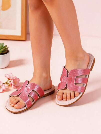 1 Pair Girls' Pink Flat Sandals, Solid Color Glitter + PU Leather + Rubber H-Shaped Woven Glitter Strap Design, Open Toe Anti-Slip Breathable Ultra-Light Sole, Sweet Shiny Casual Princess Slippers Suitable For 3-12 Years Old Girls, Daily Wear/Outing/Photo Shoot, Spring/Summer 2026 New Arrival