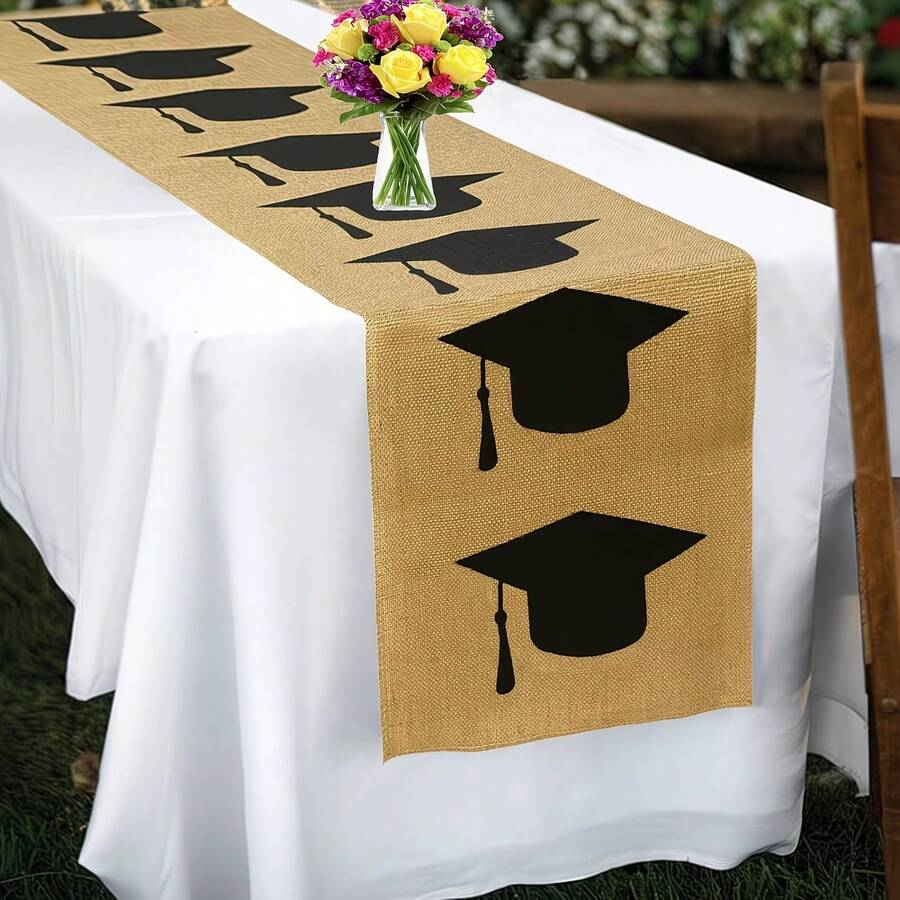 1pc Yellow Graduation Table Runner, Graduation Cap Centerpiece Decor, Rustic Graduation Party Table Decoration