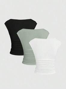 Set de 3 piezas de Top/camiseta de mujer ajustada, de manga corta, con espalda recortada, transpirable y que absorbe la humedad - Multicolor 7 - Ver 2