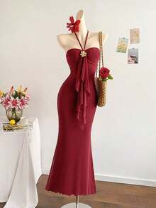 2026 Women's Romantic Gradient Mesh Knit Holiday Dress With Halter Neck, Bow And Decorative Metal Buckle, Mermaid Cut, Suitable For Parties, Dates, Afternoon Tea, Sexy And Elegant - 酒紅色 - 查看 1