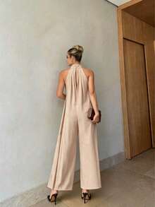 1 buah Jumpsuit Longgar Tanpa Lengan Model Halter Warna Polos untuk Wanita, Menampilkan Nuansa Santai dan Kasual, Cocok untuk Pemakaian Sehari-hari, Kencan, Bepergian, Serbaguna dan Dapat Dipadukan dengan Apa Saja, Pakaian Musim Panas - Aprikot - View 2