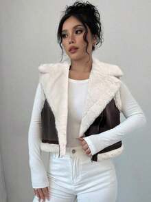 Chaqueta holgada de forro polar con solapa marrón para mujer - Café integral - Ver 6