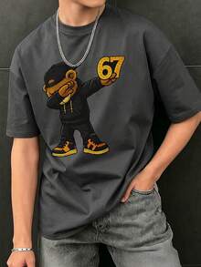 1件青少年男童嘻哈熊67图案短袖T恤，儿童圆领街头风休闲上衣，生日派对 - 深灰色 - 查看 4