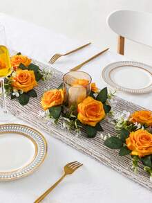 MEHELANY 1pc Orange Artificial Rose Table Centerpiece, Faux Floral Table Runner With Green Leaves, Fake Rose Wreath Suitable For Home Dining Table, Birthday Party, Wedding Venue, Bridal Shower, Rustic Style Table Decor - Orange - View 2
