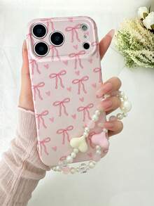Bộ ốp lưng điện thoại TPU hình trái tim và nơ kiểu INS kèm dây đeo hình trái tim, dễ thương và đa năng cho iPhone 13/14/15/16/17/17Pro/17ProMax - Hồng - Xem 3