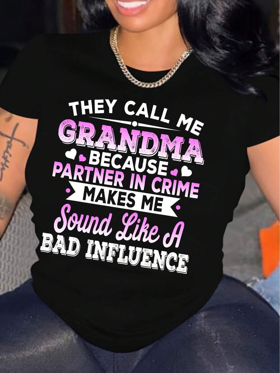 Camiseta de algodón de manga corta para mujer, con estampado de abuela y cuello redondo, top casual de manga corta para primavera y verano, ropa de mujer. - Negro - Ver 1