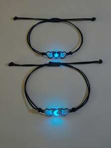 ATLVXJL 2pcs/Set Glow-In-The-Dark Couple/Friendship Starry Heart Pendant Bracelets, Black Cord, Suitable For Daily Wear And Holiday Gift - Multicolor - View 3