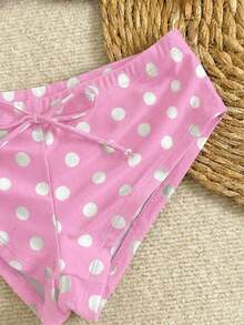 Nuevo conjunto de bikini con estampado de lunares sexy, espalda descubierta y lazo, con tirantes de espagueti para playa y piscina en vacaciones - Rosa - Ver 6