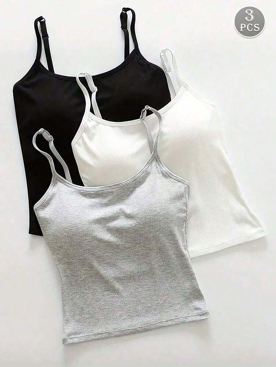 3pcs Women's Summer New Loose Sleeveless U-Neck Camisole, Undershirt Vest Top, Exposed Shoulder Sleeveless For Spring Summer Fall Layering - Solid Color Machine-Washable, Beachwear & Casual, Summer Tops, Tank Tops - 彩色 - 查看 1