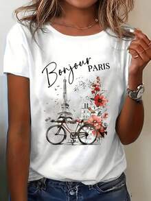 Camiseta de manga corta con cuello redondo, corte regular, estampado de París, estilo casual de verano. - Blanco - Ver 6