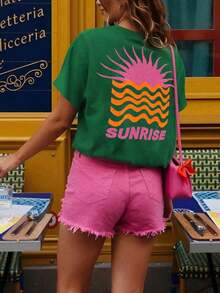 LUNE Camiseta con estampado de retrato, top casual de cuello redondo de manga corta, ropa de mujer para primavera y verano, conjuntos de ropa de vacaciones para mujer, atuendos de verano para mujer, camiseta gráfica para mujer, pantalones cortos de verano para mujer, atuendos casuales para mujer, blusas de verano para mujer, conjuntos de ropa de vacaciones para mujer, camiseta gráfica para mujer, atuendos de vacaciones para mujer - azul y negro - Ver 4