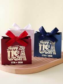 250th Independence Day Happy USA Foil Gift Bag, American National Day Party Souvenir Box, July 4th Holiday Decor Red Blue White Paper Bag, Summer Celebration Favor Packaging With Bow Design, Patriotic Metallic Feel Party Supplies - View 7