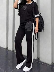 Conjunto de 2 piezas de camiseta de manga corta de cuello redondo y pantalones sueltos de cintura elástica para mujer, uso casual diario, elegante para primavera/otoño y verano - Blanco y Negro - Ver 8