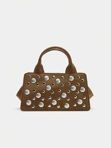 1pc Women's Top Handle Bag, Designer Bag With Metal Rivet Decor, Elongated Zipper Closure Shoulder Bag With Detachable Strap, Interior Pocket, Suitable For Travel, Outdoor, Commute And Daily Use, Durable Handle, Fashion Accessory, New Style Woven Tote Bag, Fashion Wallet, Square Bag, Gift, Shopping Bag, Cosmetic Storage - Camel - View 4
