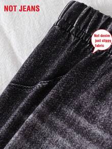 2pcs Baby Girls' Casual Fashion Spring/Autumn Outfit Set, Cartoon Girl Portrait & Letter Print, Plaid, Striped Puff Sleeve Knit Top, Denim-Effect Elastic Waist Flare Pants With Bow Decor - Pink - View 7