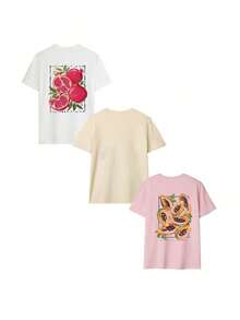 Set de 3 camisetas de manga corta con cuello redondo, de uso diario y casual, con estampado floral, simples y de moda para mujeres en verano - Blanco y albaricoque y rosa - Ver 3