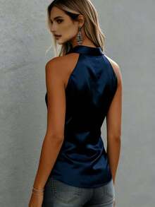 Blusa casual de verano negra de longitud regular con top de camisola de satén y cuello con lazo para mujer - Azul marino - Ver 3