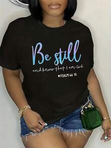 Camiseta Cristiana con Versículo Bíblico Be Still (Tranquilo), Estampado Inspirador de Fe, Salmo:10, para Mujer - Negro - Ver 3