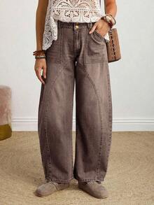Women's Button Waist Design Pocket Tapered Casual Jeans - Café integral - Ver 4