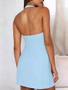 Vestido mini de línea A con escote halter y espalda descubierta, estilo casual Y2K para mujer, elegante rosa para fiesta de verano - azul claro - Ver 2