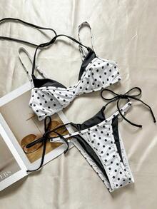 Bikini de mujer con estampado de lunares y rayas retro, casual y elegante para vacaciones, festivales de música, carreras de caballos, Kentucky Derby - Negro - Ver 3