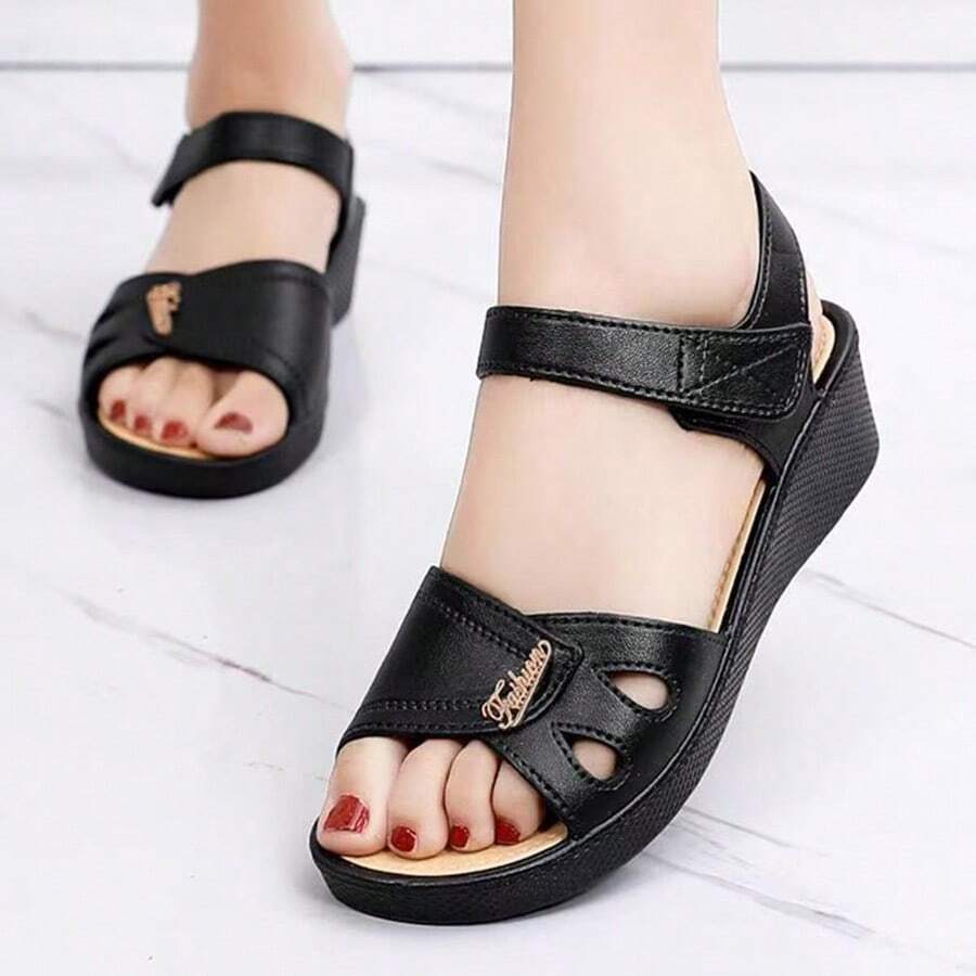 Women's Summer Sandals - Casual Solid Color, Breathable Hollow-Out Design, Hook And Loop Closure, Flat Heel Beach Shoes, Versatile Flat Sandals | Comfortable Fit