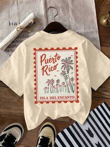 Camiseta Casual de Manga Corta para Mujer - Estampado Vintage con Patrón de Palmeras y Letras, Regalo para Vacaciones de Verano en la Playa, Manga Corta, Corte Regular, Cuello Redondo, Adecuada para Primavera y Verano, Ropa para Mujer - Albaricoque - Ver 2