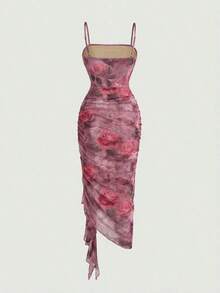 Vestido de mujer con estampado de mariposa vintage con teñido anudado, volantes fruncidos y bajo asimétrico, ideal para el Día de San Valentín, carnaval, cóctel, cena, baile de graduación, cumpleaños, verano y fiestas - Rosa 2 - Ver 2