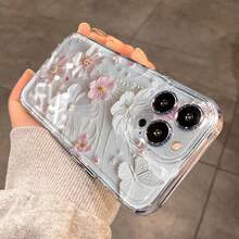 1pc Ins Style Fresh Hibiscus Flower & Leaf Solid Color Pattern Soft Phone Case, Suitable For IPhone 11/12/13/14/15/16 Pro Max - Multicolor - View 3
