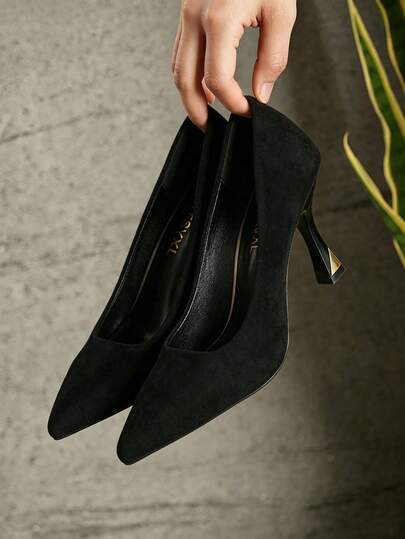 Tacones de aguja de punta fina de ante negro, tacones altos minimalistas y elegantes de boca poco profunda, cómodos para uso prolongado, adecuados para el lugar de trabajo, los desplazamientos, las entrevistas, el trabajo, versátiles