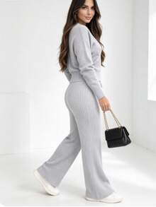 Knitted Set, Women's Long Sleeve Knitwear, Women's Fashion, Casual, Urban, Party, Nightclub, Comfortable - 淺灰色 - 查看 4