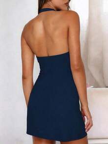 Vestido mini de línea A con escote halter y espalda descubierta, estilo casual Y2K para mujer, elegante rosa para fiesta de verano - Azul marino - Ver 2