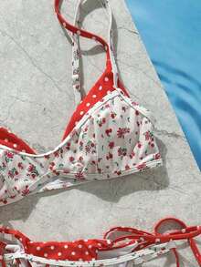 Bikini de mujer con estampado de lunares y rayas retro, casual y elegante para vacaciones, festivales de música, carreras de caballos, Kentucky Derby - Rojo - Ver 10