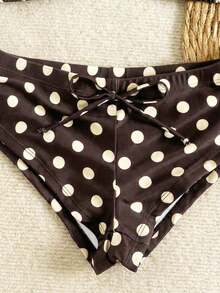 Nuevo conjunto de bikini con estampado de lunares sexy, espalda descubierta y lazo, con tirantes de espagueti para playa y piscina en vacaciones - Marrón - Ver 7