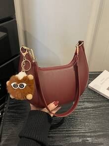 1个红色新月形PU单肩包，简约纯色，秋冬新款女士时尚包（带毛绒吊坠） - 紅色 - 查看 3
