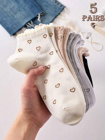 5 pares de calcetines de tobillo con estampado de corazón para mujer, versátiles, cómodos, transpirables, lindos, adecuados para estudiantes, hogar, fiesta, interior/exterior, oficina, casual, deportes, uso diario, al aire libre, calcetines simples y divertidos, excelente regalo para vacaciones, perfectos para fotos