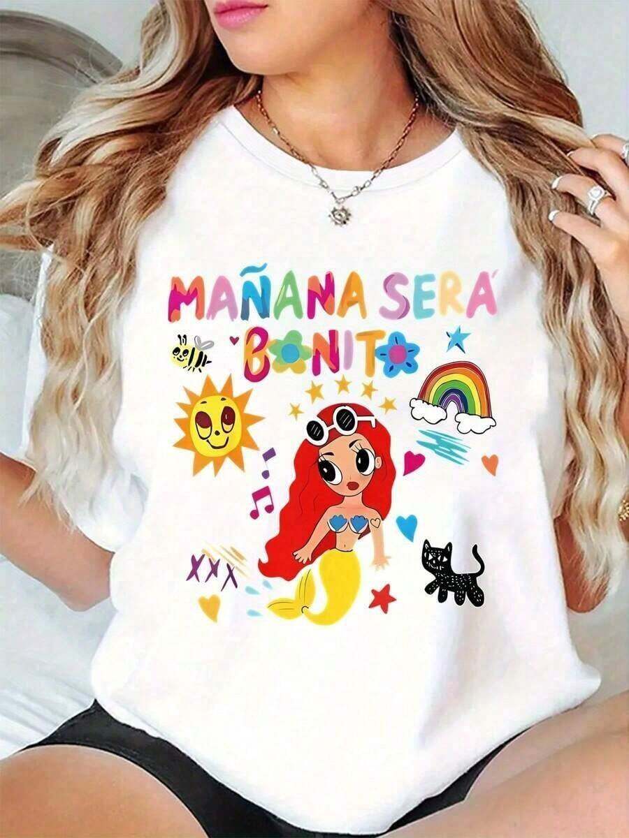 Camiseta Gráfica Blanca para Mujeres - Diseño Divertido de Sirena con Texto "MANANA SERA DONTO" - Camiseta Casual Suave y Elástica para el Gimnasio, Playa, Salón - Lavable a Máquina, Top para Mujeres, Ajuste de Playa, Estampado, Ajuste Cómodo, Camiseta Impresa, Amantes del Fitness, Suelta y Cómoda - Blanco - Ver 1