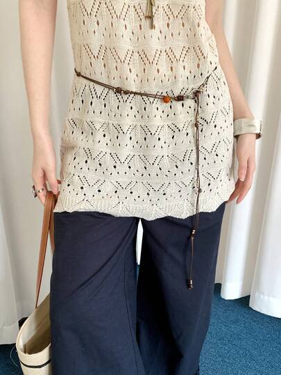 1 chiếc dây thắt lưng nữ màu cà phê, chất liệu polyester, kiểu bohemian cổ điển, đính hạt và bện.