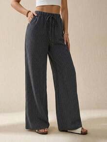 Tall Pantalones largos de mujer casuales de uso diario con estampado a rayas y estampados para primavera/verano - Negro - Ver 6
