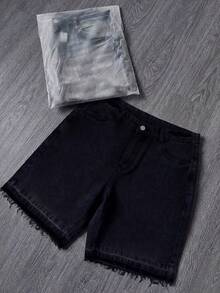 Quần short denim ống rộng rách gấu, quần short jeans dáng rộng lửng phong cách Y2K, quần short denim cotton túi xéo phong cách đường phố, quần jeans mùa hè. - màu đen - Xem 4