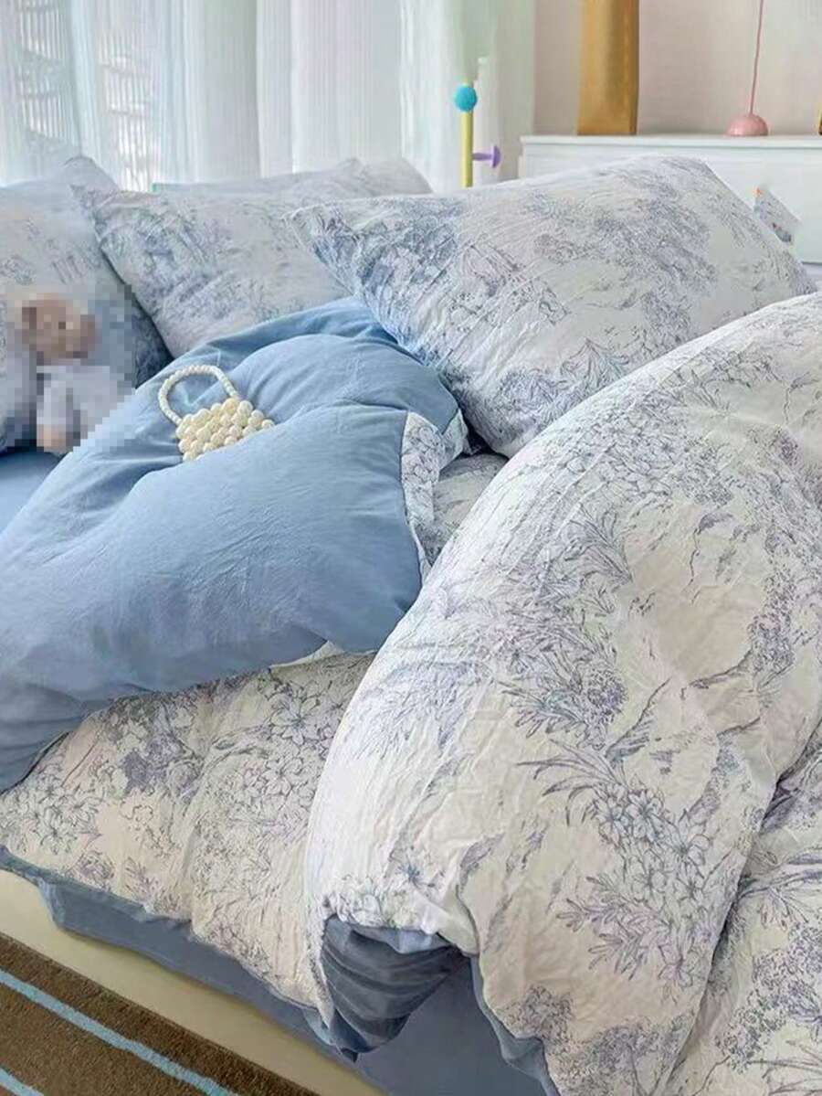 浅蓝色碎花简约柔软透气三件套被套(1个被套+2个枕套),适用于卧室和客房,可机洗,四季皆宜 - 淺藍色 - 查看 1