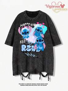 Disney Lilo & Stitch "Happy Vibe Keep It Real" Graphic Vintage Washed Tee - 黑色 - 查看 1