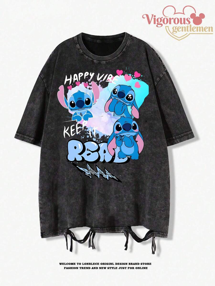 Disney Lilo & Stitch "Happy Vibe Keep It Real" Graphic Vintage Washed Tee - 黑色 - 查看 1