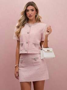 Chaqueta elegante de mujer con adornos de perlas y mangas cortas, para verano - Rosa - Ver 7