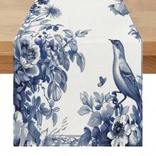 1pc Blue & White Porcelain Floral & Bird Pattern Elegant Retro Style Large Rectangular Table Runner, Home Decor Accessory Suitable For Family Gatherings, Indoor/Outdoor Spaces, Entryway, Coffee Table, Living Room Ambiance, Kitchen Dining, Holiday & Nature-Inspired Gifts - Multicolor - View 1