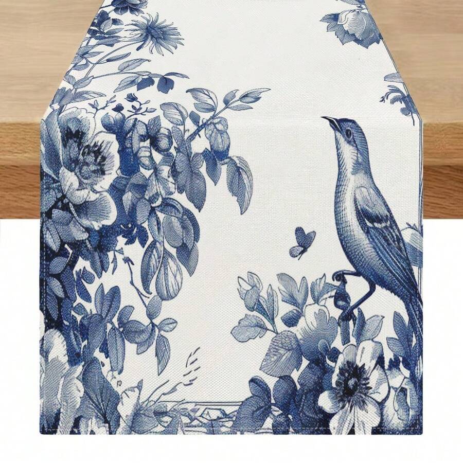 1pc Blue & White Porcelain Floral & Bird Pattern Elegant Retro Style Large Rectangular Table Runner, Home Decor Accessory Suitable For Family Gatherings, Indoor/Outdoor Spaces, Entryway, Coffee Table, Living Room Ambiance, Kitchen Dining, Holiday & Nature-Inspired Gifts - Multicolor - View 1