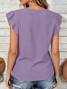 Nuova elegante camicetta da donna a tinta unita con scollo a V e maniche corte, tessuto comodo e non elasticizzato, adatta per l'abbigliamento casual in primavera e estate - Viola - Visualizzare 3