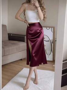 negro elegante de talle alto con abertura alta y botones para mujer, primavera - Burdeos - Ver 2
