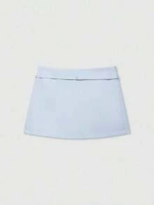 Falda pantalón negra de unicolor minimalista para uso casual, oficina y viajes, con hebilla y cinturón, para verano - Celeste - Ver 6